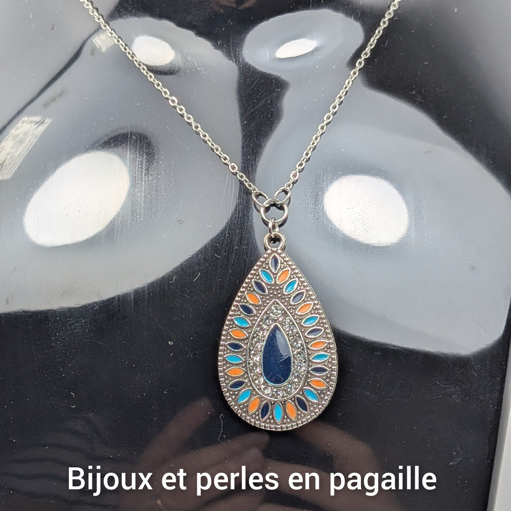Collier en goutte d'eau argent, turquoise et bleu nuit