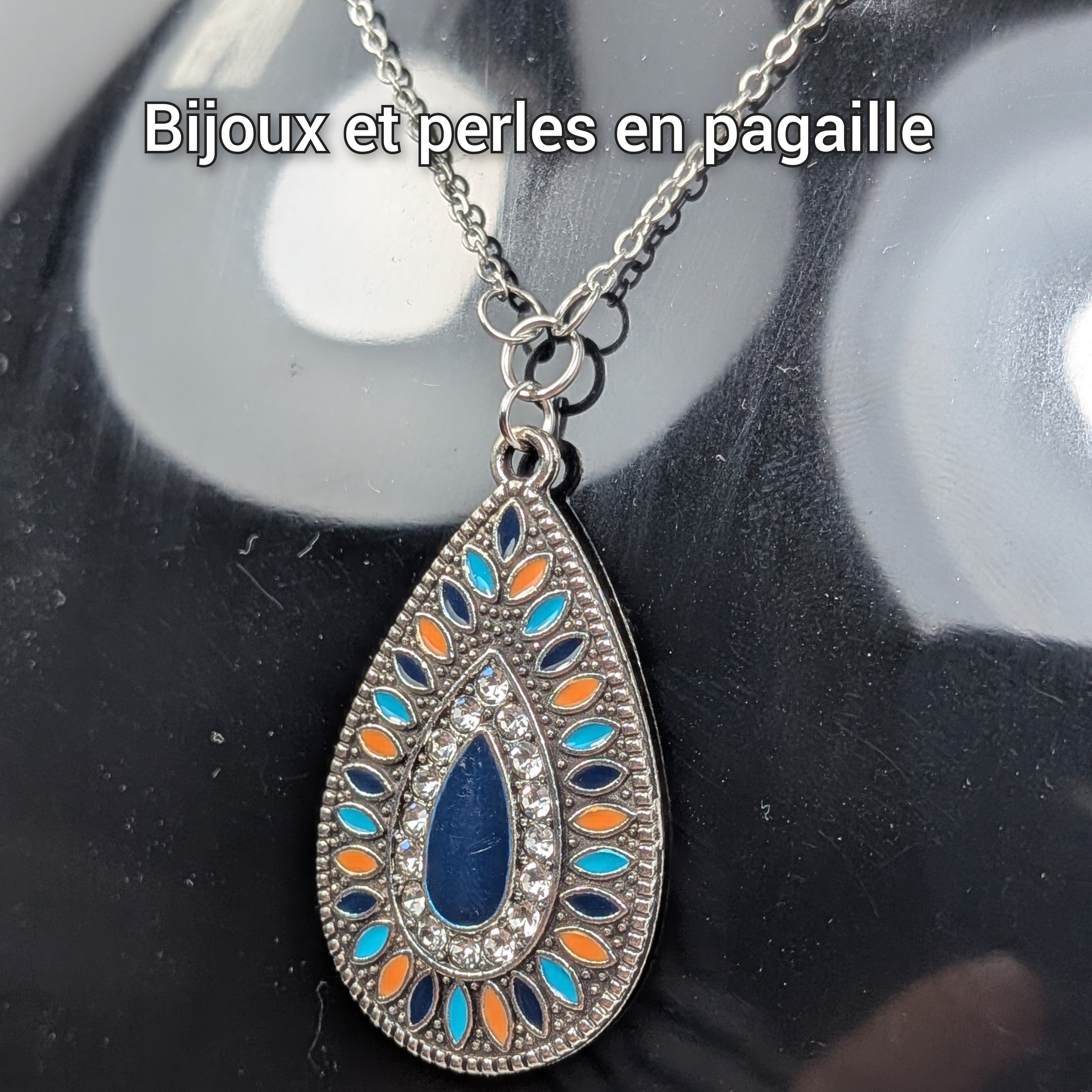 Collier en goutte d'eau argent, turquoise et bleu nuit