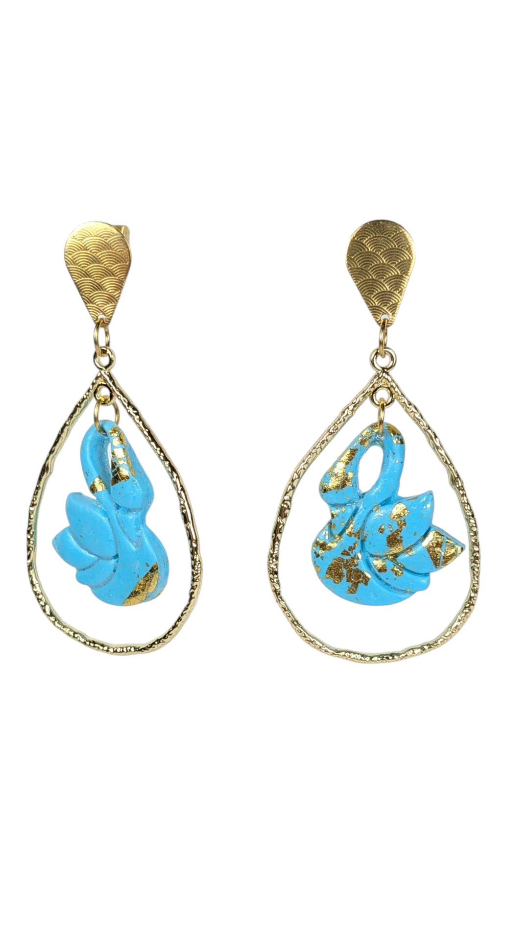 Boucles d'oreilles Cygne Turquoise & Cercle Doré – Pâte Polymère Fait Main