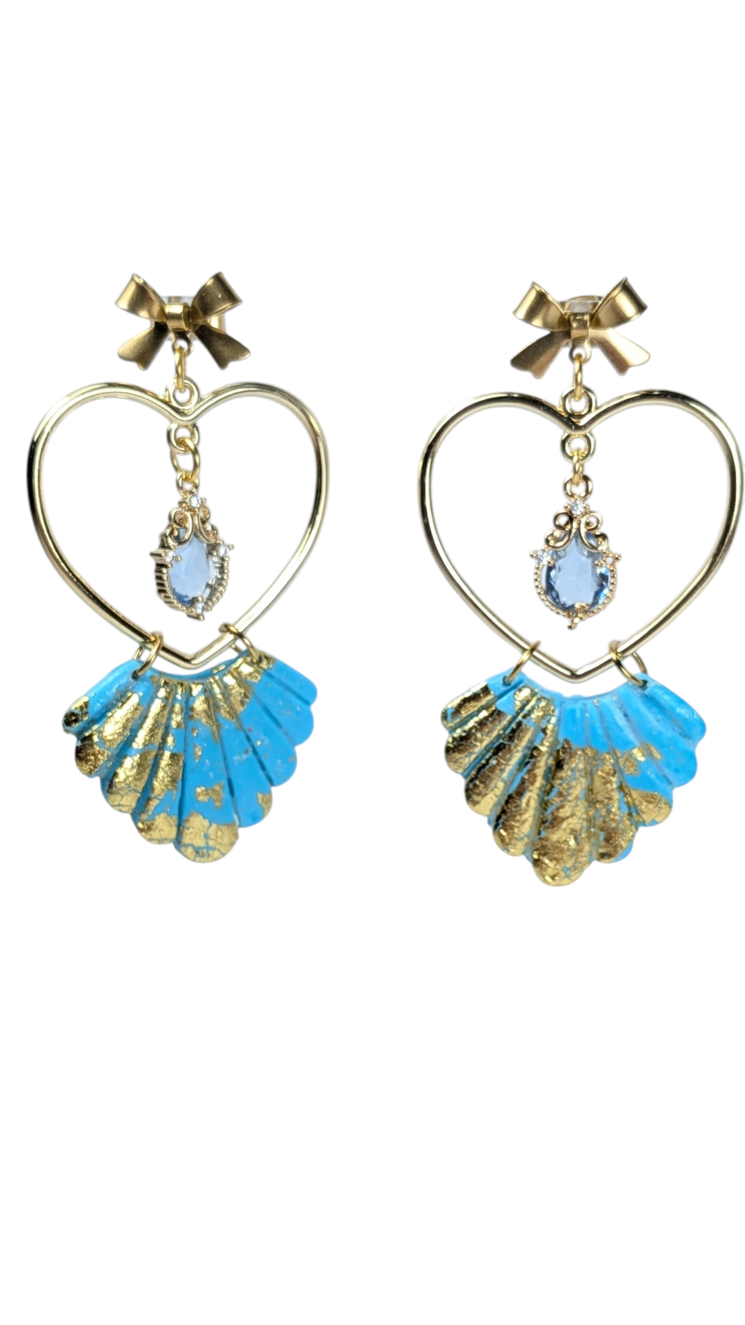 Boucles d'oreilles nœud acier, cœur doré, cristal bleu & éventail turquoise