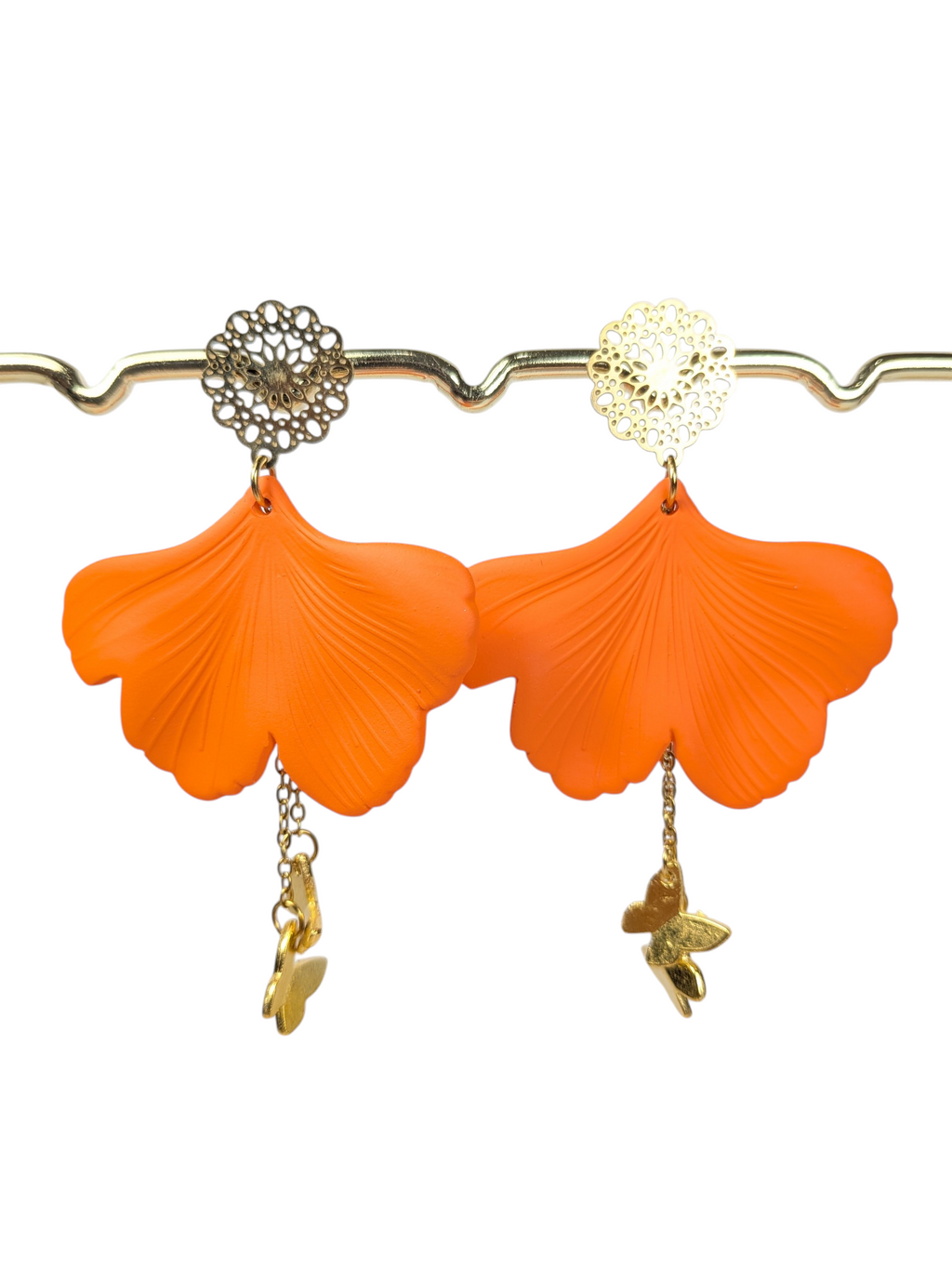 Boucles d'oreilles Ginkgo Orange & Papillons Dorés