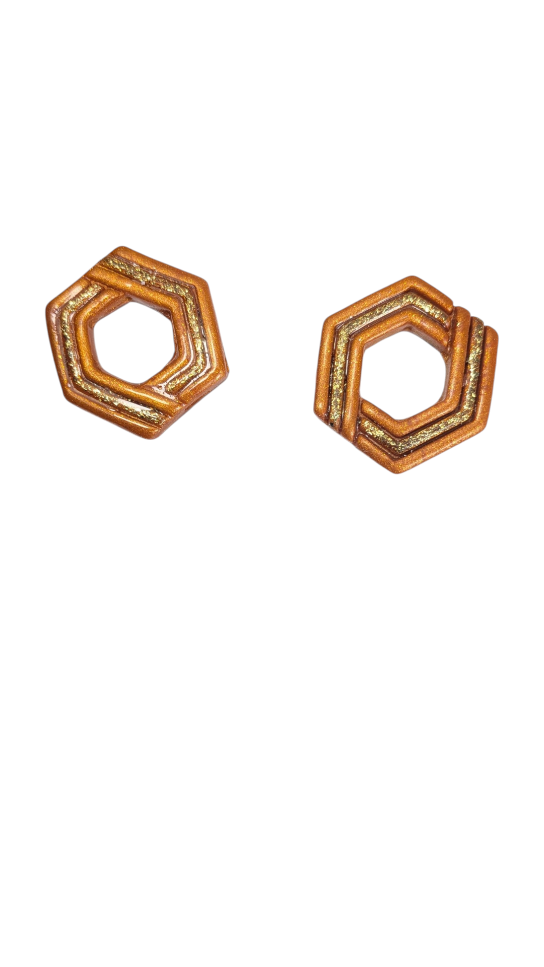 Pampilles hexagone orange et or – pâte polymère collection Sun, peintes à la main
