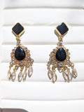 Boucles d'oreilles fantaisie, dorées, noires et diamants en verre