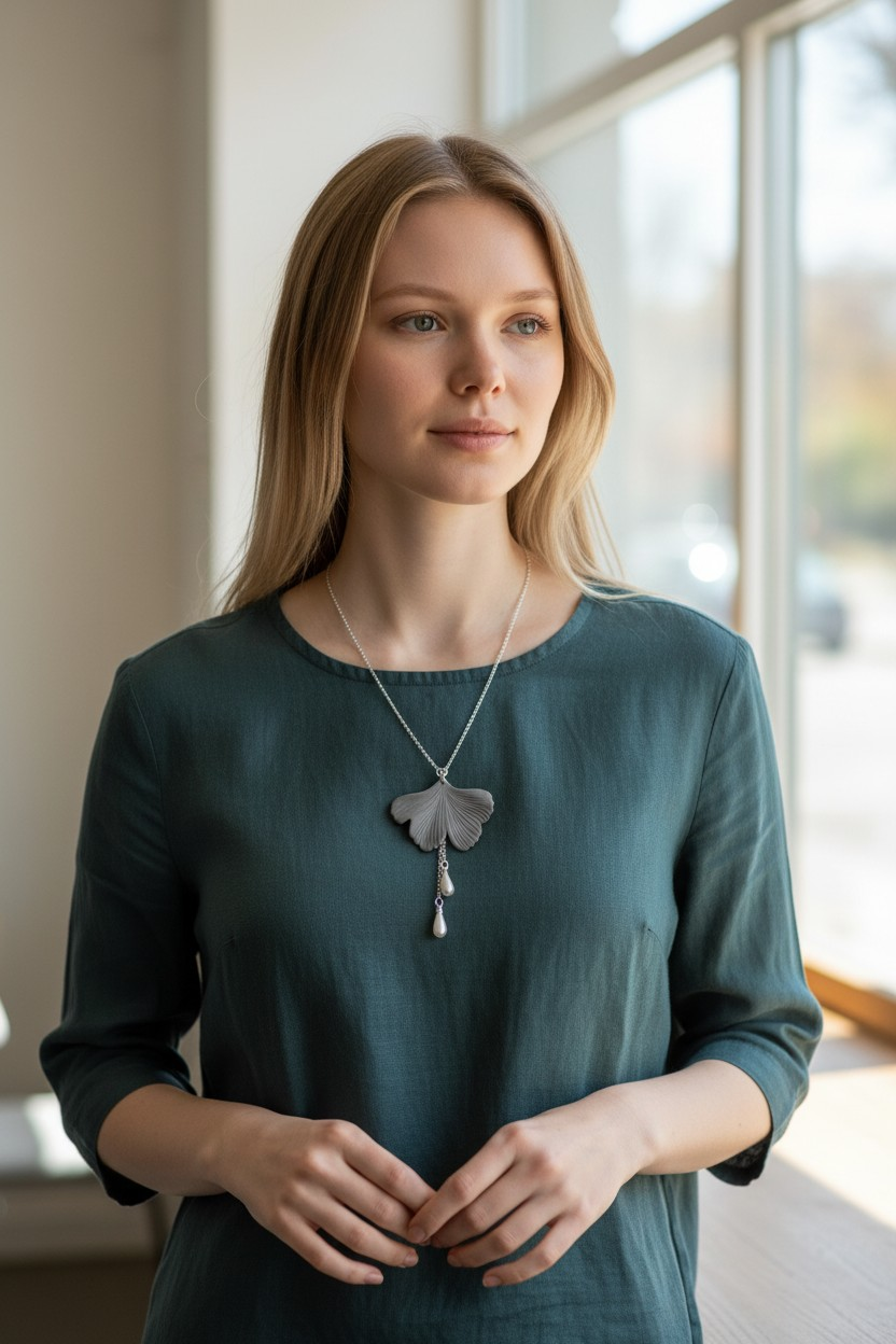 Collier noir Gingko en acier et perles acryliques