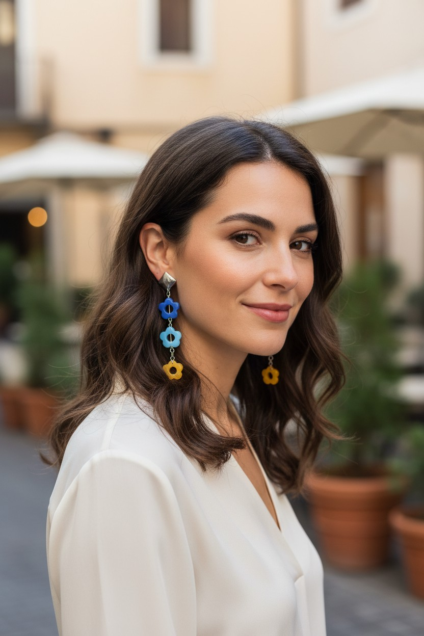Boucles d'oreilles fleurs bleues en acrylique et métal en acier