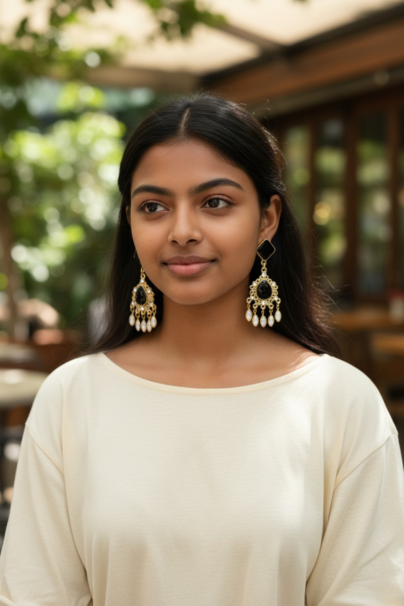 Boucles d'oreilles fantaisie, dorées, noires et diamants en verre