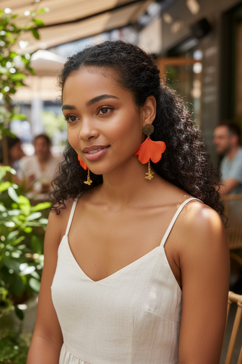 Boucles d'oreilles Ginkgo Orange & Papillons Dorés