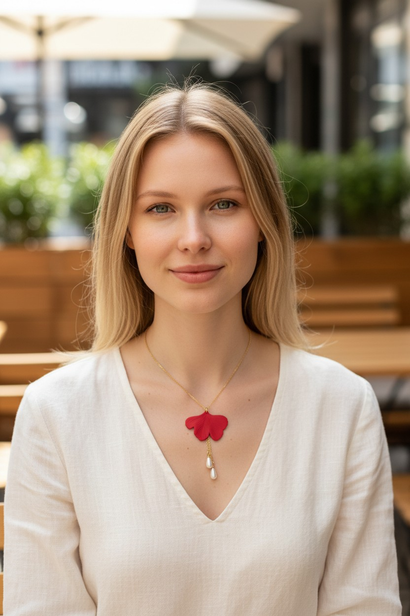 Collier Ginkgo Rouge Mat & Perles Blanches
