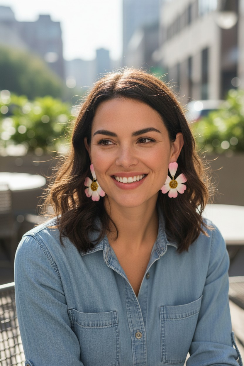 Boucles d'oreilles pâquerettes en pâte polymère – cœur en relief peint à la main