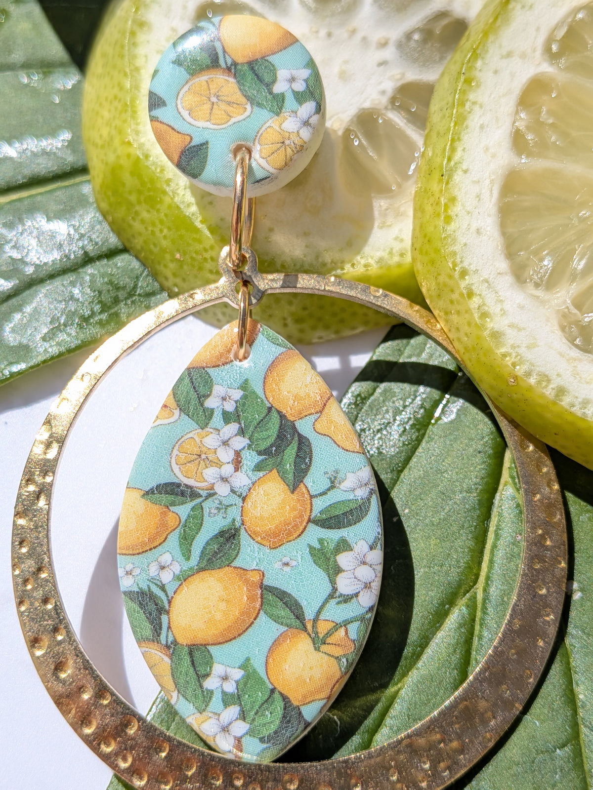 Boucles d'oreilles Fimo Ovale Citrons – Anneau Martelé & Attache Assortie