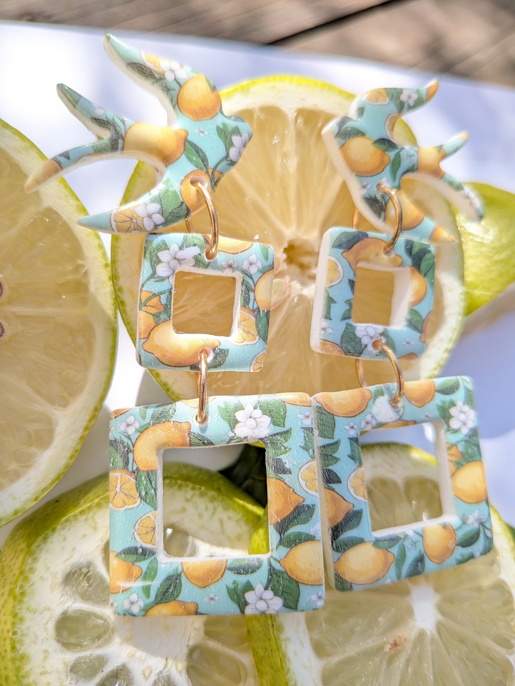 Boucles d'oreilles Fimo Carrés Citrons – Duo Grand & Petit Carré, Attache Colombe