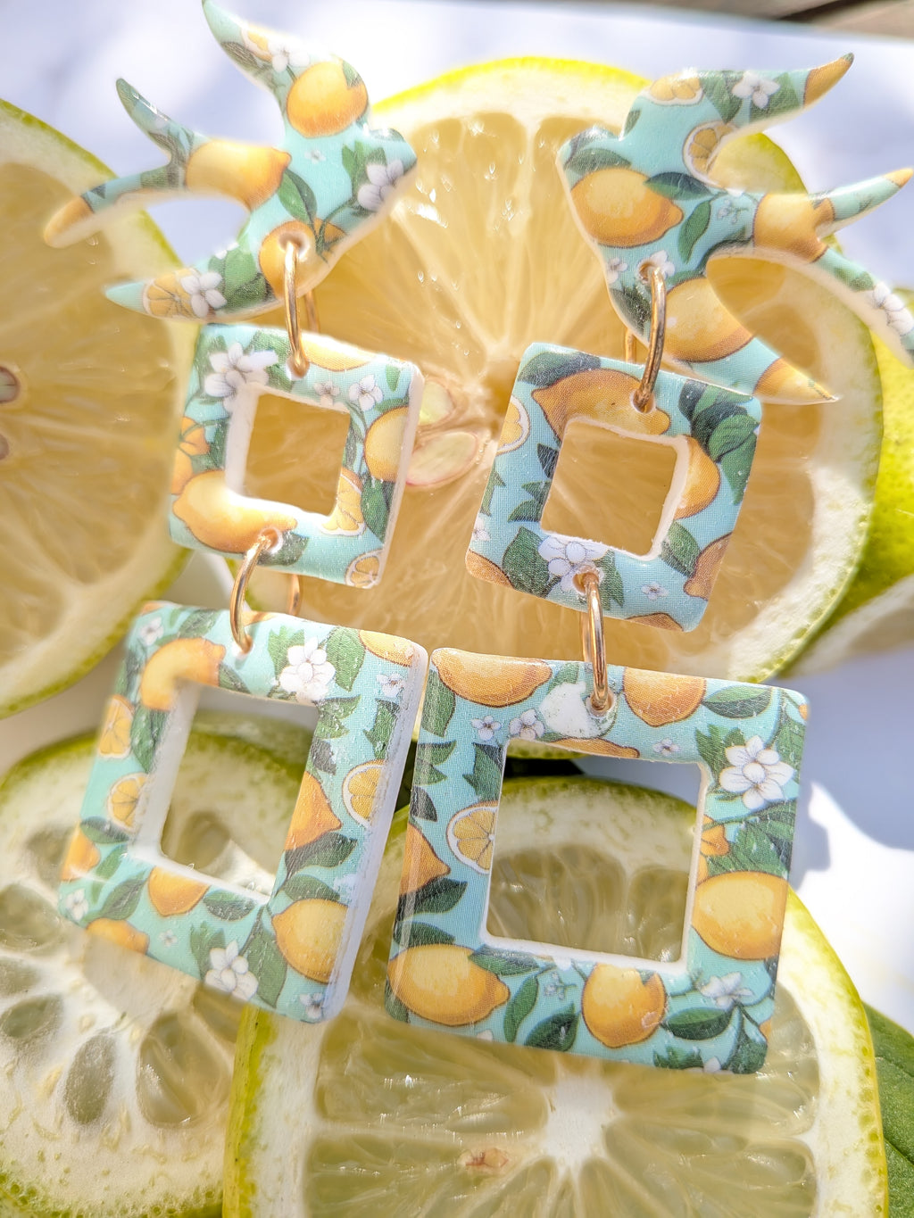 Boucles d'oreilles Fimo Carrés Citrons – Duo Grand & Petit Carré, Attache Colombe