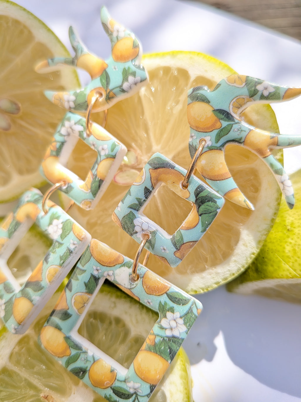 Boucles d'oreilles Fimo Carrés Citrons – Duo Grand & Petit Carré, Attache Colombe